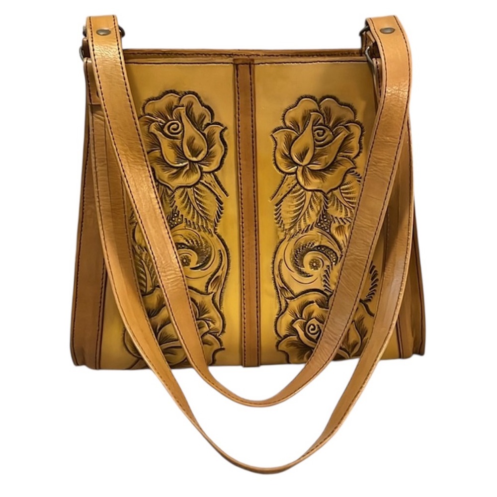 Yellow Gold Tooled Floral Embossed Structured Leather Shoulder Tote Bag Purse